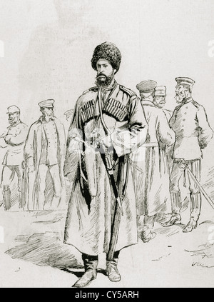 Le forze armate russe. In primo luogo un cosacco. Xix secolo. Incisione in "l'Spagnolo e illustrazione americana", 1877. Foto Stock