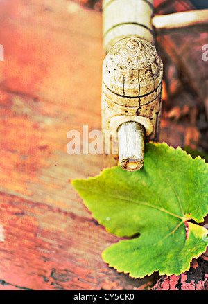 Botte di vino e uva foglia, colori retrò, grana della carta e texture Foto Stock