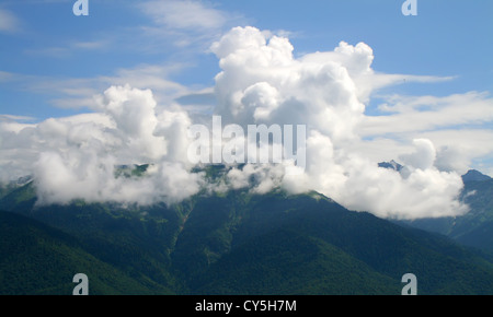 Verdi pendii montani in nubi Foto Stock