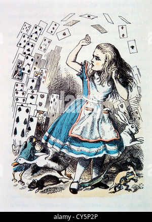 Alice prova Alice e le carte di gioco, Alice's Adventure in Wonderland Lewis Carroll, Hand-Colored illustrazione, 1865 Foto Stock