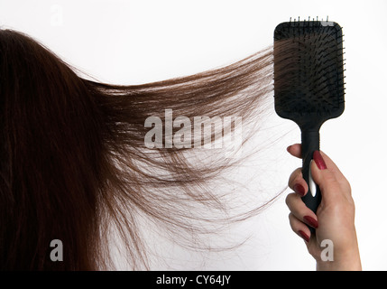 La spazzolatura donna lunghi capelli scuri con spazzola per capelli, vista posteriore Foto Stock