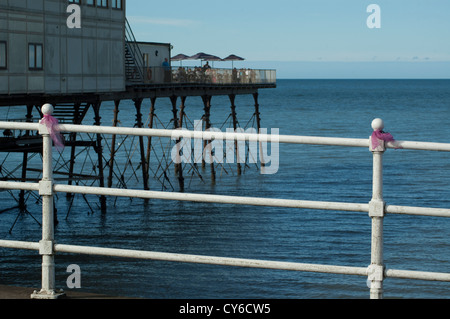 Archetti in rosa per il mese di aprile Jones su Aberystwyth lungomare con il molo in background. Foto Stock