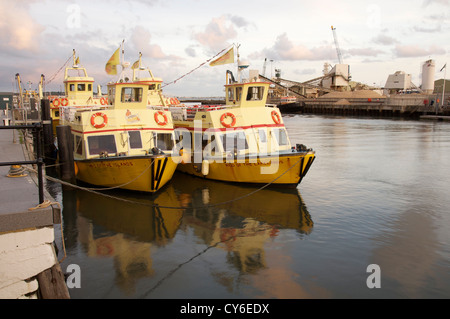 Inglese Mare. Il giallo Brownsea Island Ferries attraccata per la serata al fianco di Poole Quay nel Dorset. Inghilterra, Regno Unito. Foto Stock