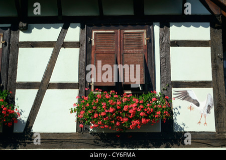 Tipica francone casa di facciata, Nordheim, Bas Rhin, Alsazia, Francia Foto Stock