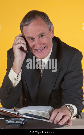 Imprenditore facendo una telefonata seduto alla sua scrivania con organizer aperto davanti a lui. Foto Stock