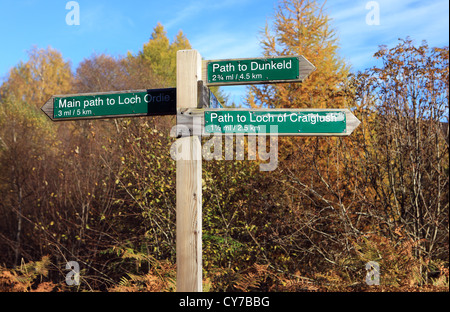 Indicazioni per percorsi a piedi nell'Atholl Estates vicino a Dunkeld in Perthshire Scozia Scotland Foto Stock