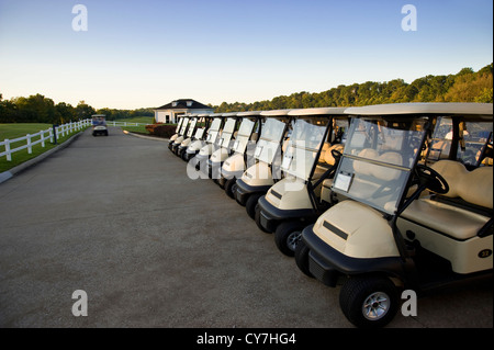 Fila di carrelli da golf sul campo da Golf, Florida, Stati Uniti d'America Foto Stock