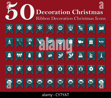 Decorazione di Natale icone disposte sul nastro di colore blu Foto Stock