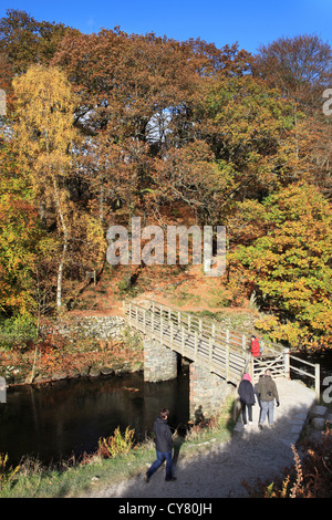 Walkers attraversando ponte di legno Grasmere, Lake District inglese, REGNO UNITO Foto Stock