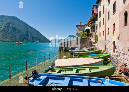 Panorama CHE SI VEDE di Gandria, LAGO DI LUGANO, LAGO DI LUGANO, TICINO, SVIZZERA Foto Stock