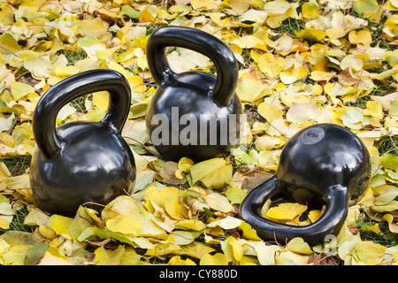 Tre pesante ferro kettlebells all'aperto in un scenario autunnale - outdoor concept fitness Foto Stock
