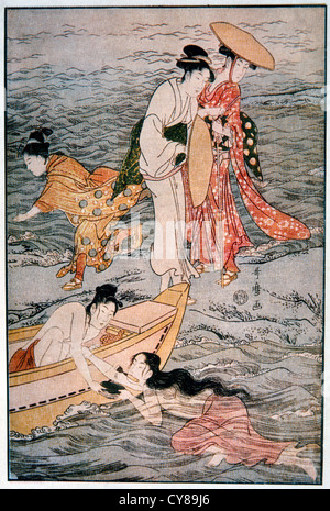 Due donne giapponesi guardando crostacei femmina Sub, Woodblock da Utamaro, 1700 Foto Stock