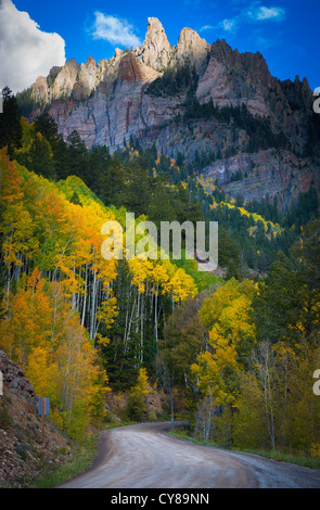 Aspens su una collina nelle montagne di San Juan di Colorado con argento picco di montagna in background Foto Stock