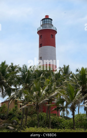 Vista verticale della rossa e bianca a strisce Vizhinjam Faro sulla spiaggia del Faro in Kovalam, Kerala. Foto Stock