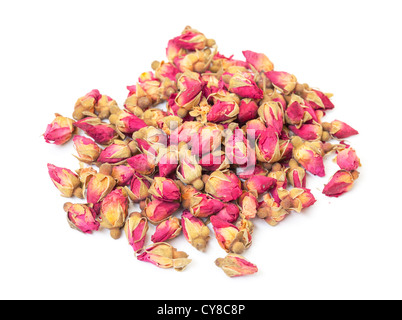 Heap Rosebuds secchi, su sfondo bianco Foto Stock