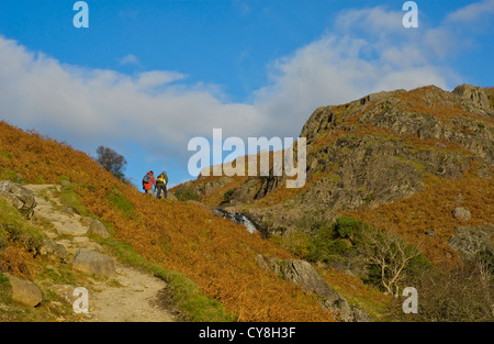 Due maschio walkers nel Easedale Valley, vicino a Grasmere, Parco Nazionale del Distretto dei Laghi, Cumbria, England Regno Unito Foto Stock