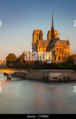 Sunrise sulla Cattedrale di Notre Dame lungo le rive del Fiume Senna, Parigi Francia Foto Stock