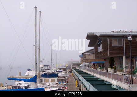 Passerella in legno a fianco di yacht e barche a motore ormeggiata nel porto di Morro Bay Foto Stock