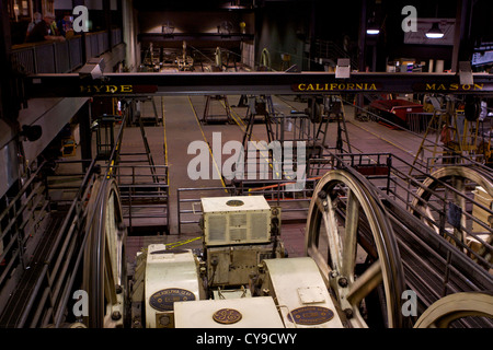 Visualizza in basso sull'esecuzione di cavi e ruote di avvolgimento del cavo in museo delle auto per il 'Powell e Hyde" e "California' linea Foto Stock