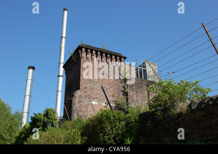 La fabbrica di birra di camini contro un cielo blu chiaro Foto Stock