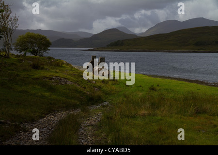 Una casa in rovina sulle rive di Loch Spelve, Isle of Mull, Scozia Foto Stock