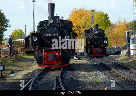 Harzer Schmalspurbahnen vapore patrimonio loco presso Gernrode sparso sulla linea Selketalbahn. Mallet 0-4-4-0T SERBATOIO MOTORI Foto Stock