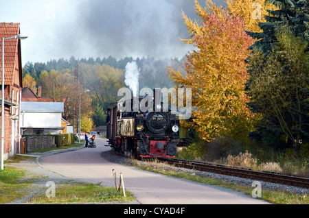 Harzer Schmalspurbahnen heritage treno a vapore che arrivano a Strasberg (Harz stazione). Treno Vintage con 0-4--4-0T un mazzuolo in loco. Foto Stock