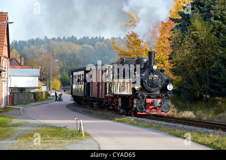 Harzer Schmalspurbahnen heritage treno a vapore che arrivano a Strasberg (Harz stazione). Treno Vintage con 0-4--4-0T un mazzuolo in loco. Foto Stock