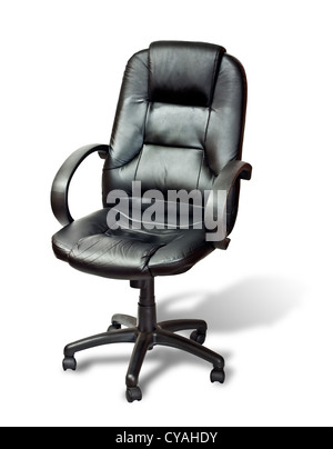 La sedia per ufficio da nero in finta pelle con ombra su bianco Foto Stock