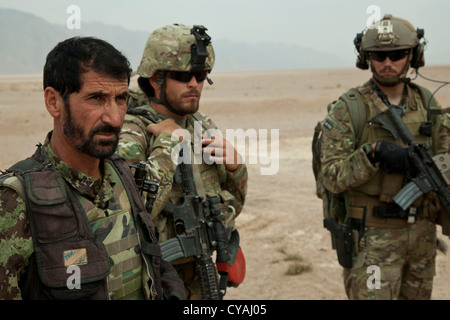 Forza di coalizione membri di attendere per un esercito nazionale afghano commander per dare ordini durante un nazionale afghano di forza di sicurezza led pattuglia di sicurezza al fine di negare il nemico della libertà di movimento in khak-e-safed, provincia di Farah, Afghanistan, oct. 30, 2012. ansf sono state prendendo il filo nelle operazioni di protezione, con le forze della coalizione hanno come guide, per portare la sicurezza e la stabilità al popolo della Repubblica islamica dell'Afghanistan. Foto Stock