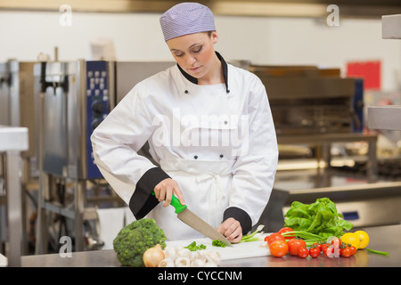 Lo Chef affettare le cipolline Foto Stock