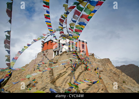 Il Namgyal Tsemo Gompa con bandiere di preghiera, un monastero buddista nel distretto di Leh, Ladakh India del Nord. Foto Stock