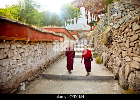 Due monaci novizio andare a scuola a piedi al monastero di Hemis in India. Foto Stock