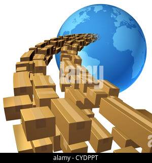 Le spedizioni internazionali e Global Freight servizi di consegna la concezione di business con un gruppo di streaming di pacchetti come scatole di cartone che fluisce in una sfera blu della mappa della terra isolata su uno sfondo bianco. Foto Stock