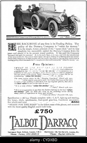 Originale di 1920s vintage annuncio stampa dalla rivista inglese pubblicità Talbot Darracq autovettura Foto Stock