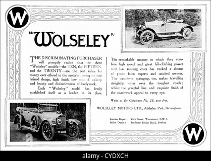Originale di 1920s vintage annuncio stampa dalla rivista inglese pubblicità Wolseley 10 15 & 20 AUTOVETTURE DI FABBRICAZIONE 1920 - 1924 a Birmingham in Inghilterra REGNO UNITO Foto Stock