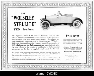 Originale di 1920s vintage annuncio stampa dalla rivista inglese pubblicità Wolseley Stellite 10 due posti auto fabbricati 1920 - 1924 a Birmingham in Inghilterra REGNO UNITO Foto Stock