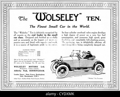 Originale di 1920s vintage annuncio stampa dalla rivista inglese pubblicità Wolseley 10 macchina fabbricata 1920 - 1924 a Birmingham in Inghilterra REGNO UNITO Foto Stock