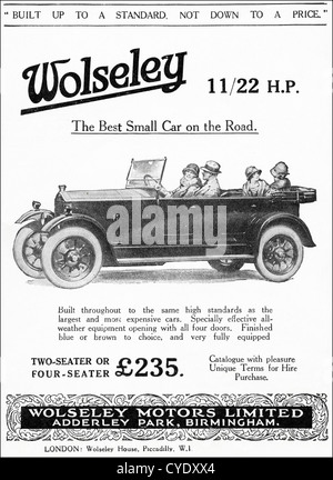 Originale 1925 stampa vintage pubblicità dalla rivista inglese pubblicità Wolseley 11/22 macchina fabbricata a Birmingham in Inghilterra REGNO UNITO Foto Stock