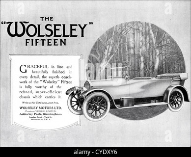 Originale di 1920s vintage annuncio stampa dalla rivista inglese pubblicità Wolseley 15 macchina fabbricata 1920 - 1927 a Birmingham in Inghilterra REGNO UNITO Foto Stock