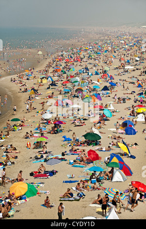 I Paesi Bassi, a Scheveningen, nei pressi dell'Aia o in olandese: Den Haag (L'Aia). La gente a prendere il sole sulla spiaggia. Durante l'estate. Antenna Foto Stock