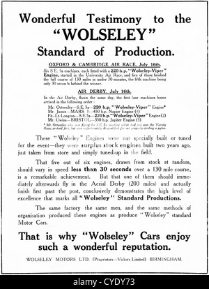 Originale vintage 1921 annuncio stampa dalla rivista inglese pubblicità Wolseley auto e motori aero Foto Stock