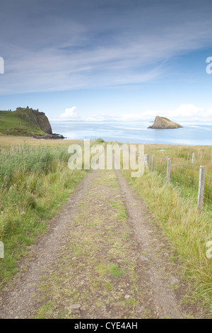 Via al castello di Duntulm affacciato sulla Baia di Tulm, Isola di Skye, Scotland, Regno Unito Foto Stock