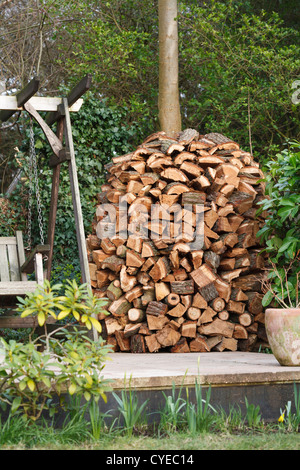 Circolare pila di legno o holz hausen con legna da ardere di quercia stagionatura in un giardino Foto Stock