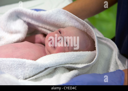 Un neonato momenti dopo che è stato erogato mediante taglio cesareo essendo frequentato da un pediatra e ostetrica Foto Stock