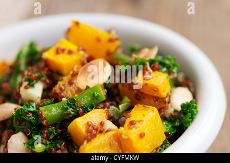 Un caldo con insalata di quinoa rossa, fagiolini, squash, kale, apple e mandorle. Foto Stock