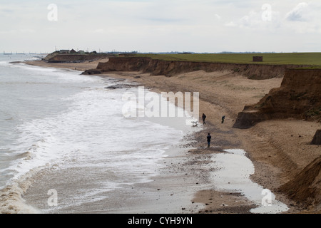 I camminatori e cane sulla spiaggia Happisburgh. Norfolk. Marea invade e continuerà a progressivamente erodere le scogliere. Norfolk. East Anglia. Foto Stock