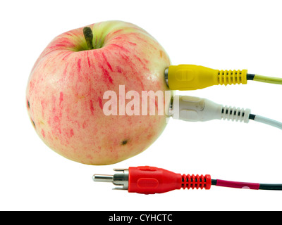 Tulip audio video fili spine collegate al concetto di apple. Colorata rosso giallo cavi bianchi con note. Foto Stock