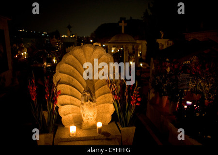 Un immagine di Nostra Signora di Guadalupe decora una tomba nel cimitero di San Gregorio Atlapulco, Xochimilco, Città del Messico Foto Stock