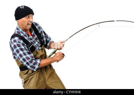 Crazy fronte pescatore con canna da pesca Foto Stock